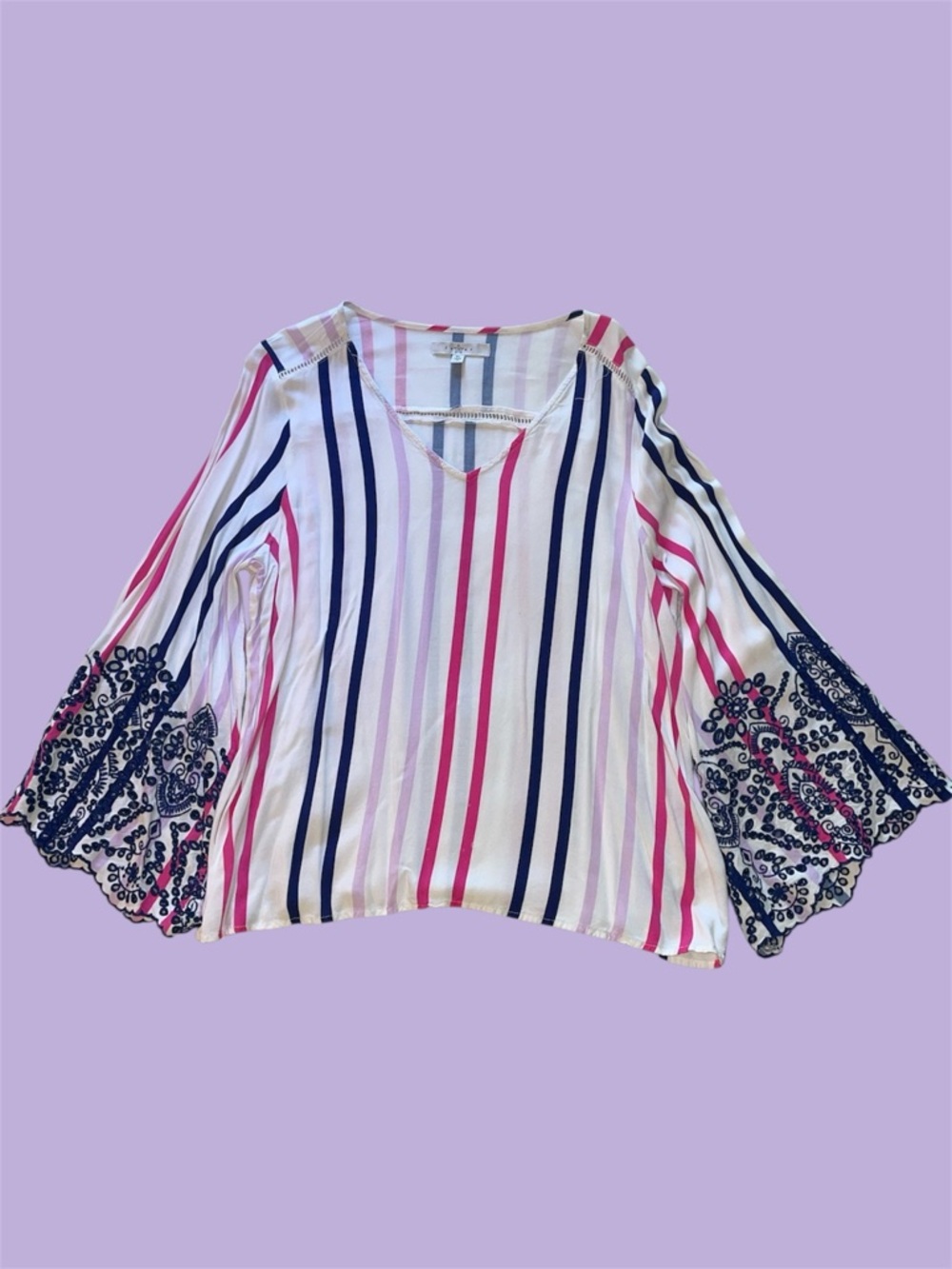 Fever Pink and Purple Striped Bell Sleeve Blouse with Lace Detail